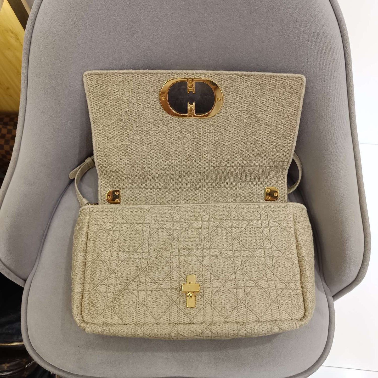 Pre-owned Dior Caro Large in Beige Canvas with Golden Hardware, w/ dust bag