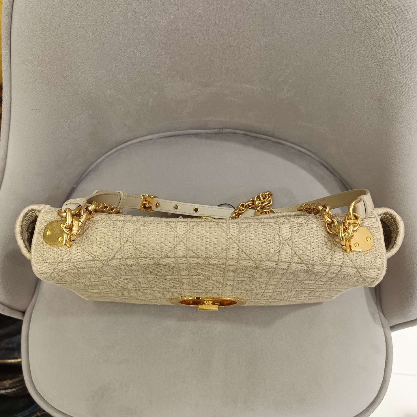 Pre-owned Dior Caro Large in Beige Canvas with Golden Hardware, w/ dust bag