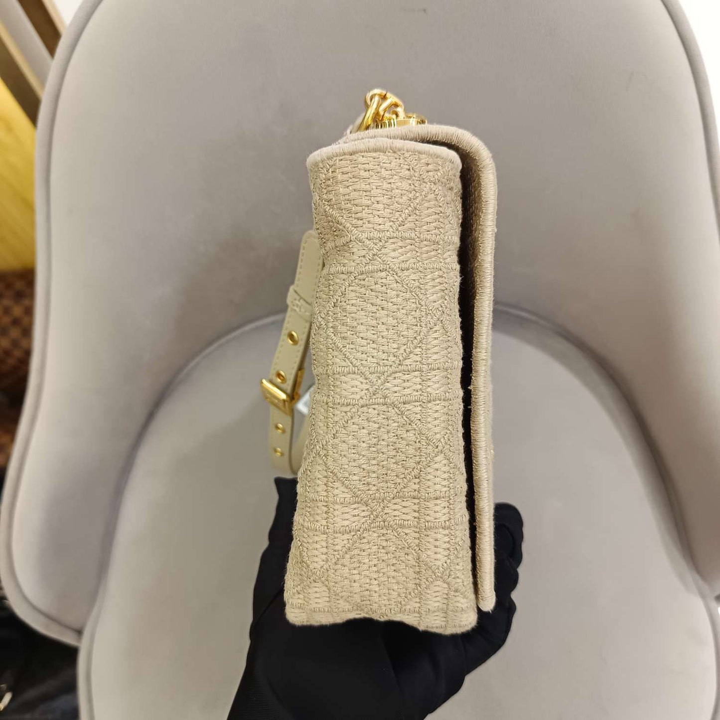 Pre-owned Dior Caro Large in Beige Canvas with Golden Hardware, w/ dust bag