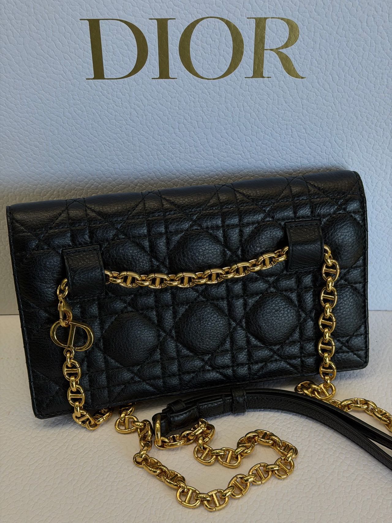 Pre-owned Certified Dior Caro Pouch with Chain in Black Calfskin with Golden hardware, 2021, w/full set