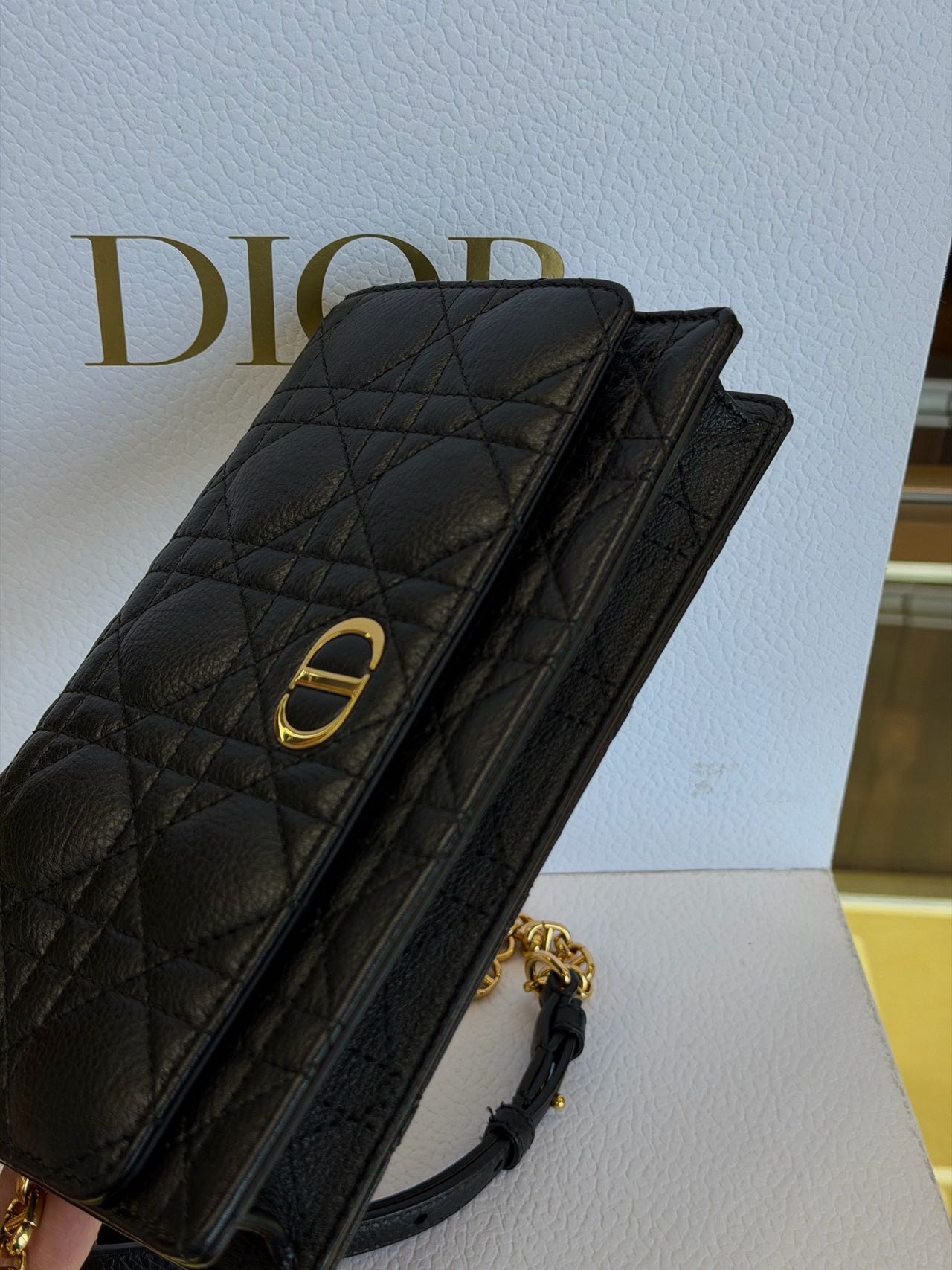 Pre-owned Certified Dior Caro Pouch with Chain in Black Calfskin with Golden hardware, 2021, w/full set