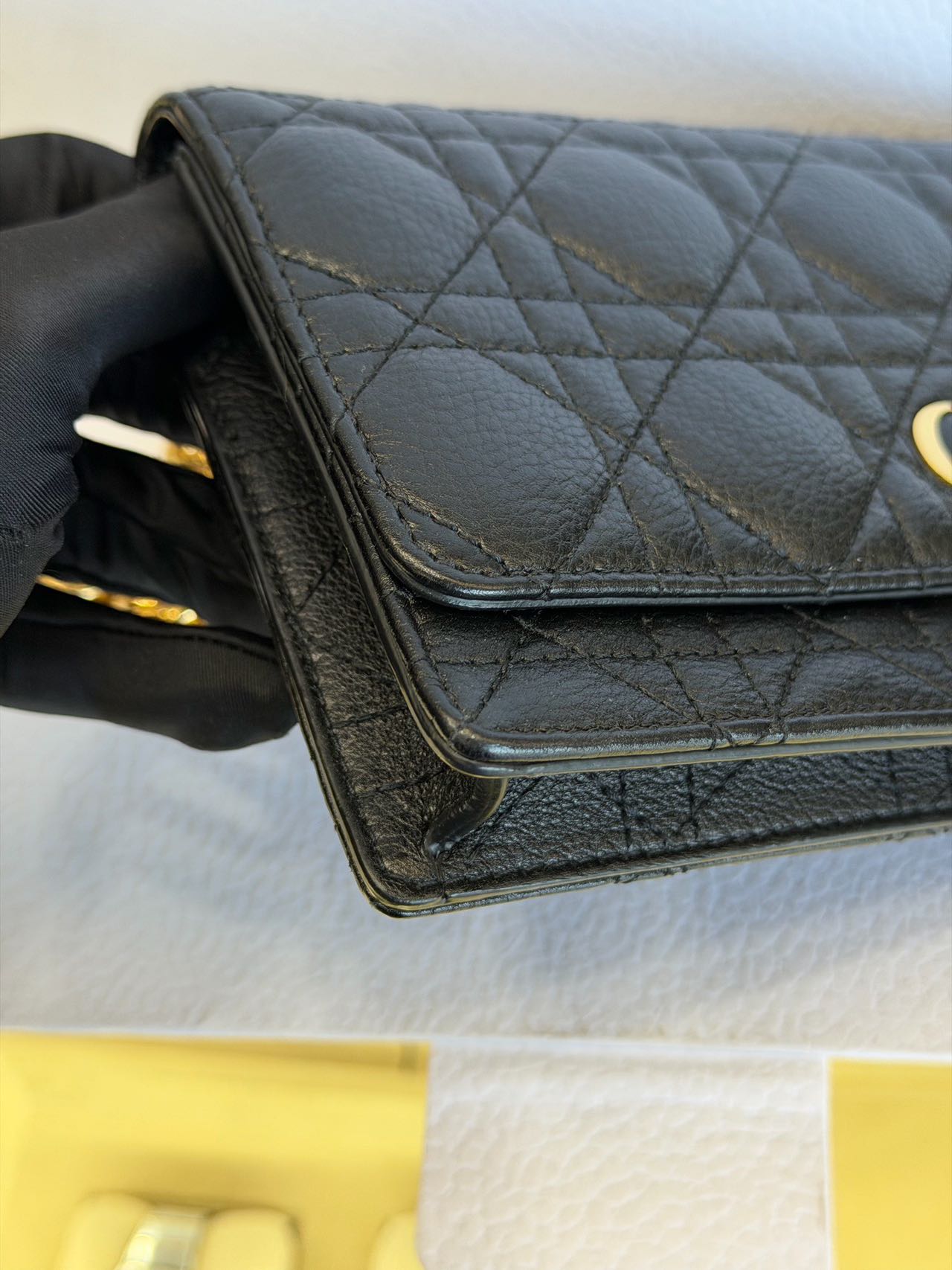 Pre-owned Certified Dior Caro Pouch with Chain in Black Calfskin with Golden hardware, 2021, w/full set