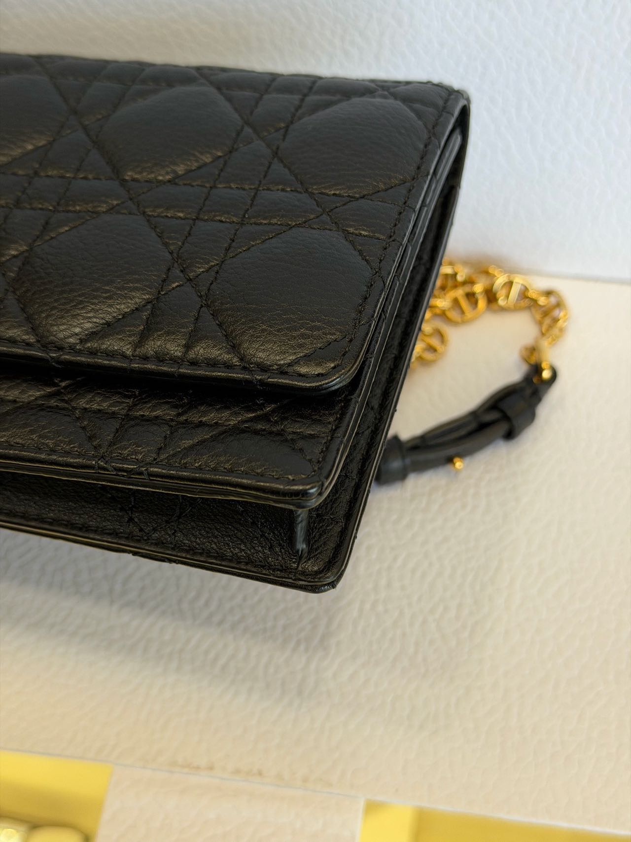 Pre-owned Certified Dior Caro Pouch with Chain in Black Calfskin with Golden hardware, 2021, w/full set