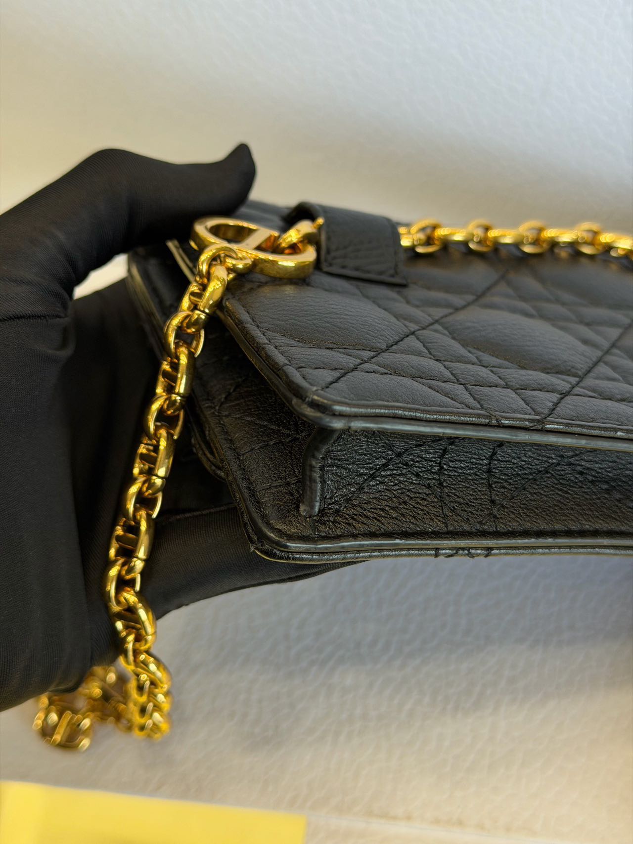Pre-owned Certified Dior Caro Pouch with Chain in Black Calfskin with Golden hardware, 2021, w/full set