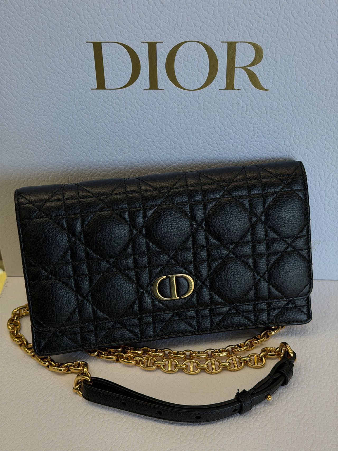 Pre-owned Certified Dior Caro Pouch with Chain in Black Calfskin with Golden hardware, 2021, w/full set