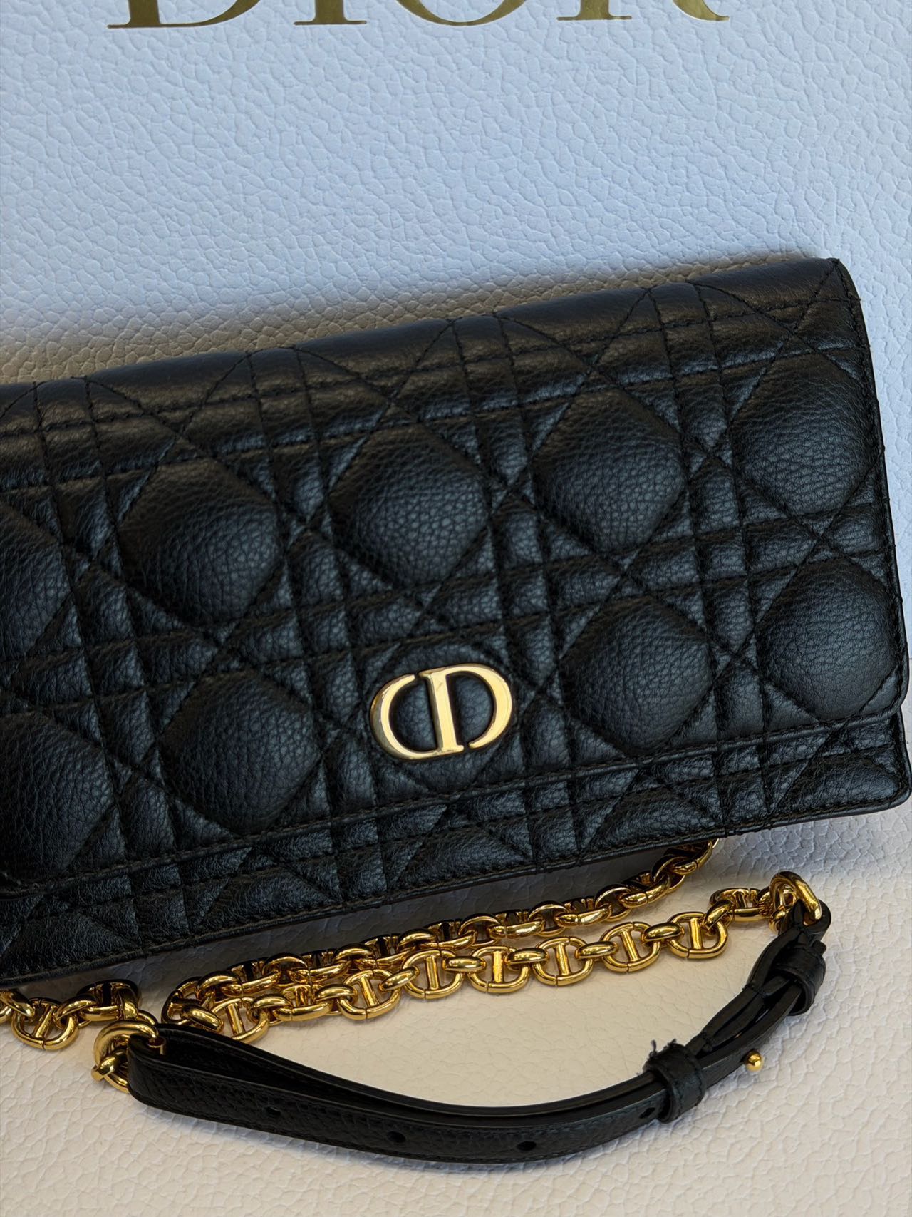 Pre-owned Certified Dior Caro Pouch with Chain in Black Calfskin with Golden hardware, 2021, w/full set