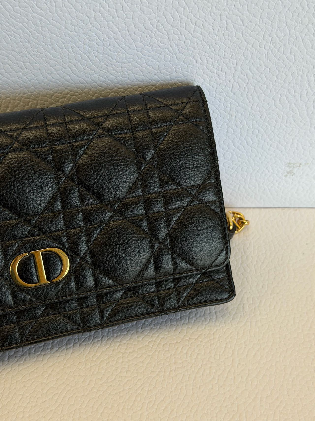 Pre-owned Certified Dior Caro Pouch with Chain in Black Calfskin with Golden hardware, 2021, w/full set