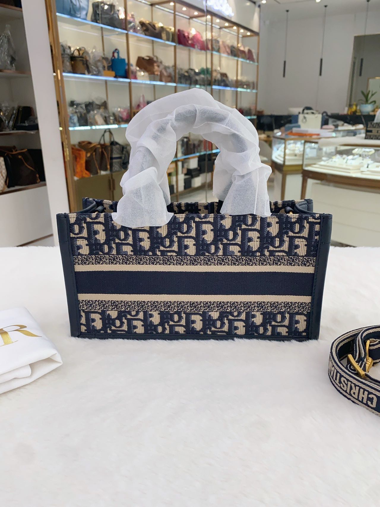 Pre-owned Certified Dior Book Tote East-West in Blue Oblique Canvas and Blue Calfskin with Golden Hardware, w/strap, dust bag