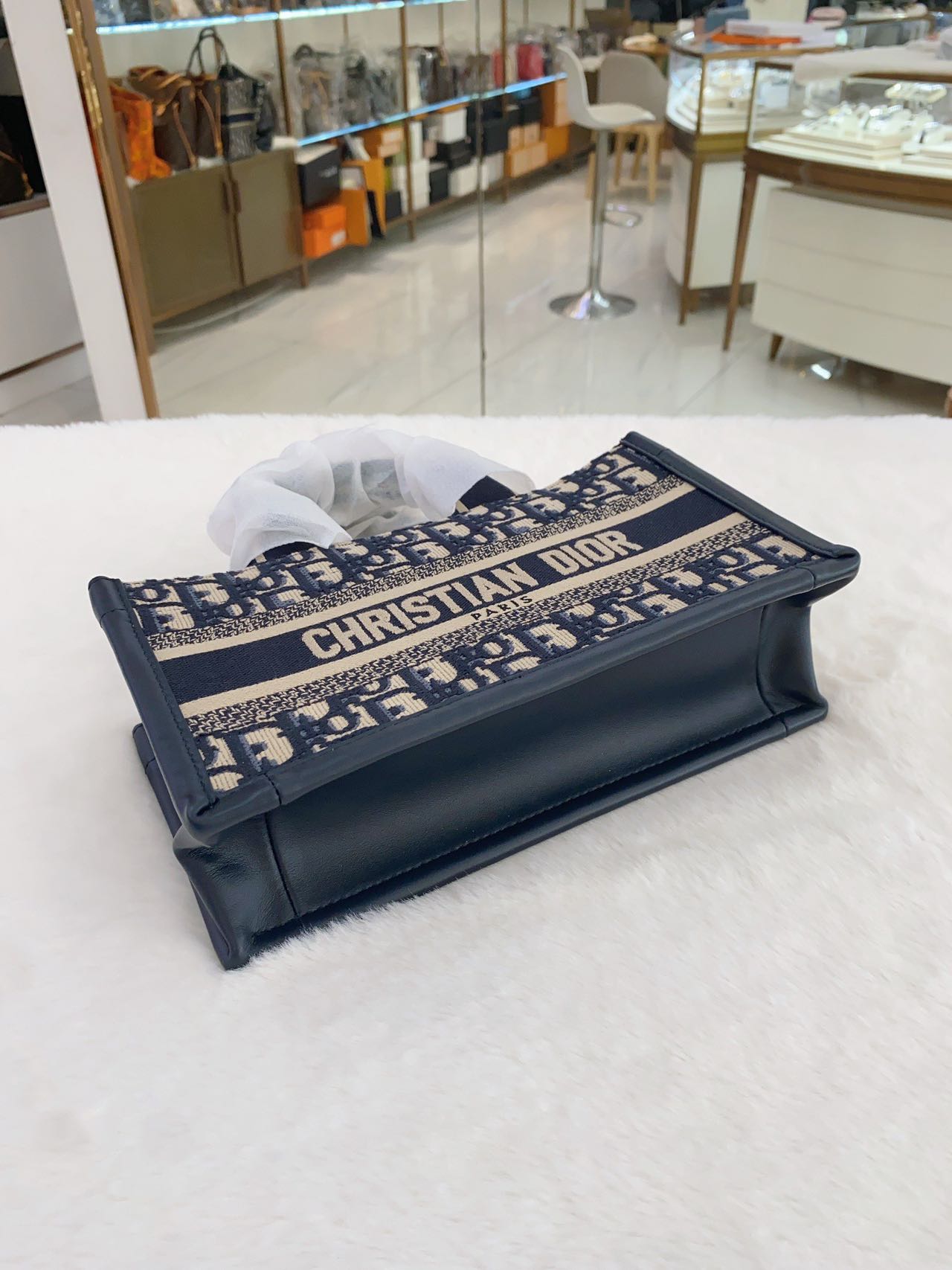 Pre-owned Certified Dior Book Tote East-West in Blue Oblique Canvas and Blue Calfskin with Golden Hardware, w/strap, dust bag