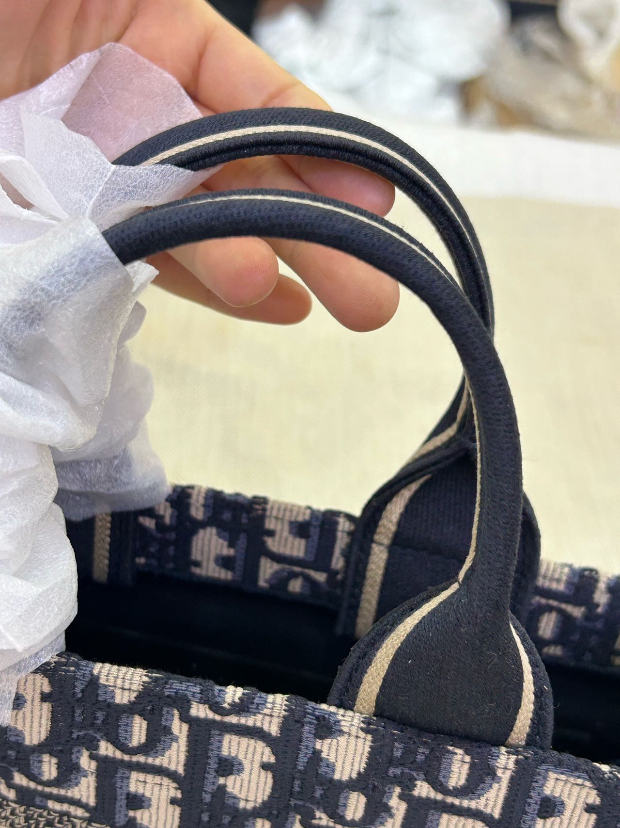 Pre-owned Certified Dior Book Tote East-West in Blue Oblique Canvas and Blue Calfskin with Golden Hardware, w/strap, dust bag