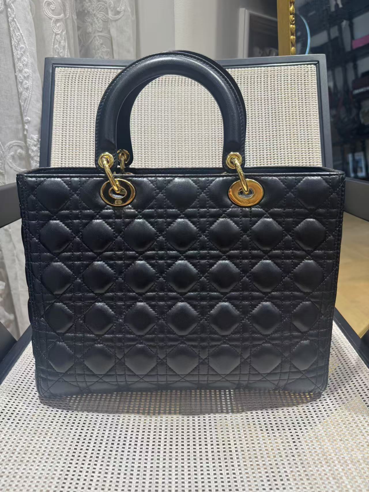 Pre-owned Certified Dior Large Lady Dior in Black Lambskin with Golden Hardware, 2014, w/ strap, dust bag