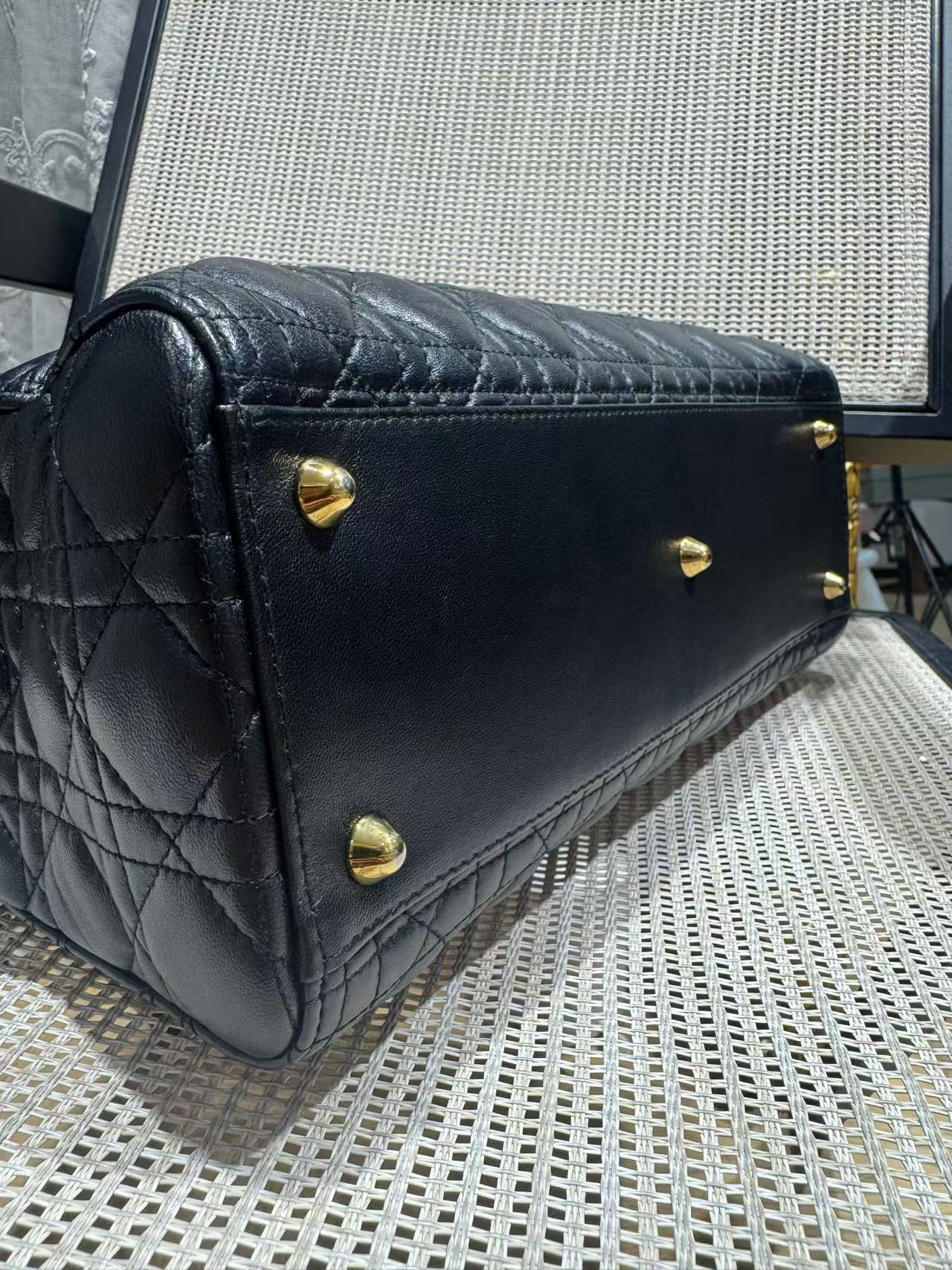 Pre-owned Certified Dior Large Lady Dior in Black Lambskin with Golden Hardware, 2014, w/ strap, dust bag