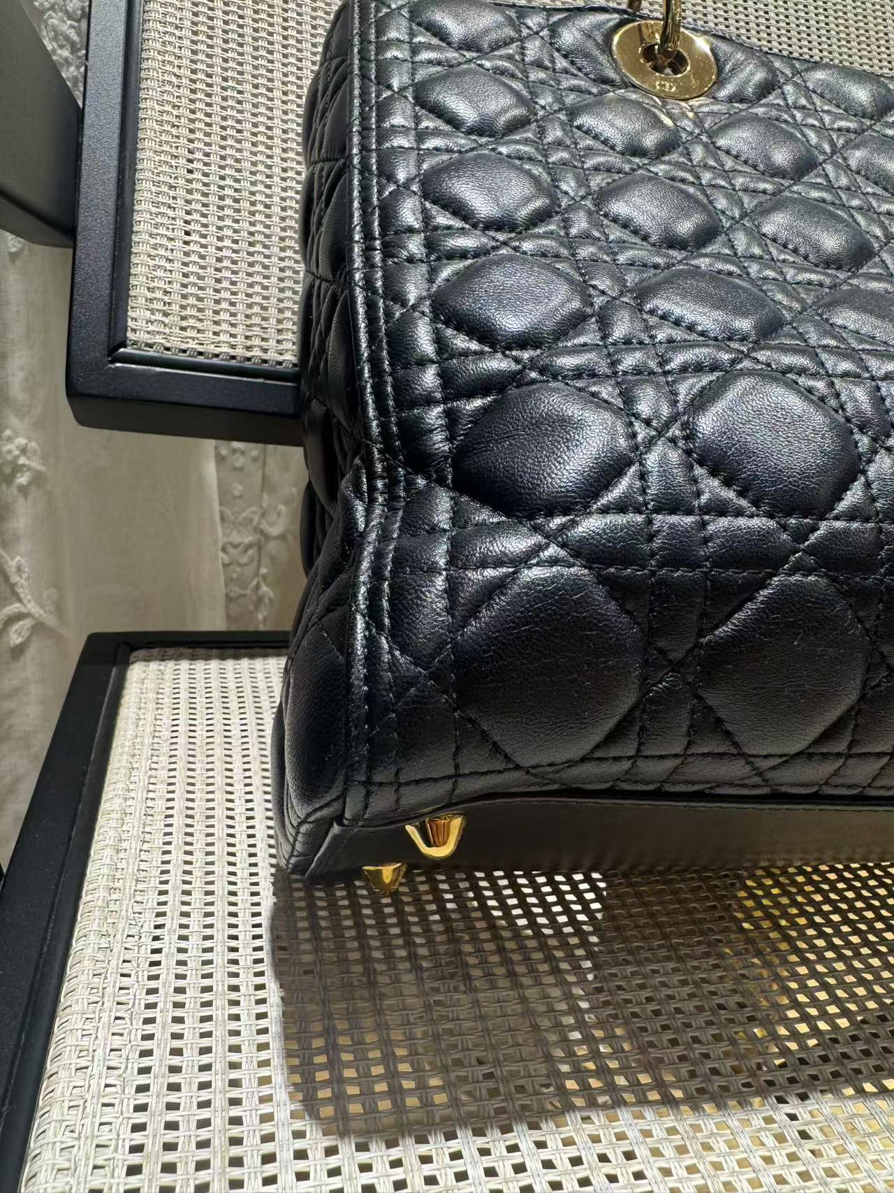 Pre-owned Certified Dior Large Lady Dior in Black Lambskin with Golden Hardware, 2014, w/ strap, dust bag