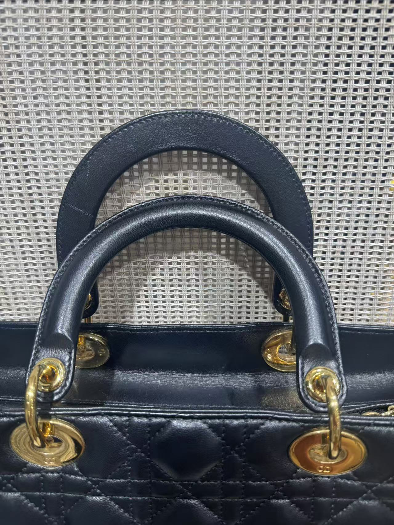 Pre-owned Certified Dior Large Lady Dior in Black Lambskin with Golden Hardware, 2014, w/ strap, dust bag