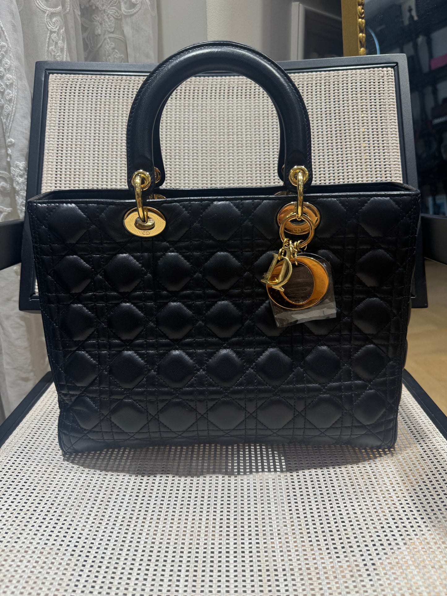 Pre-owned Certified Dior Large Lady Dior in Black Lambskin with Golden Hardware, 2014, w/ strap, dust bag