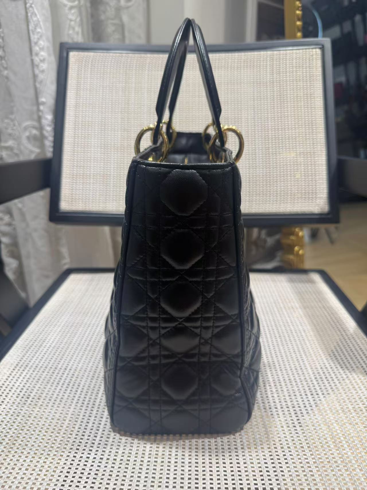 Pre-owned Certified Dior Large Lady Dior in Black Lambskin with Golden Hardware, 2014, w/ strap, dust bag