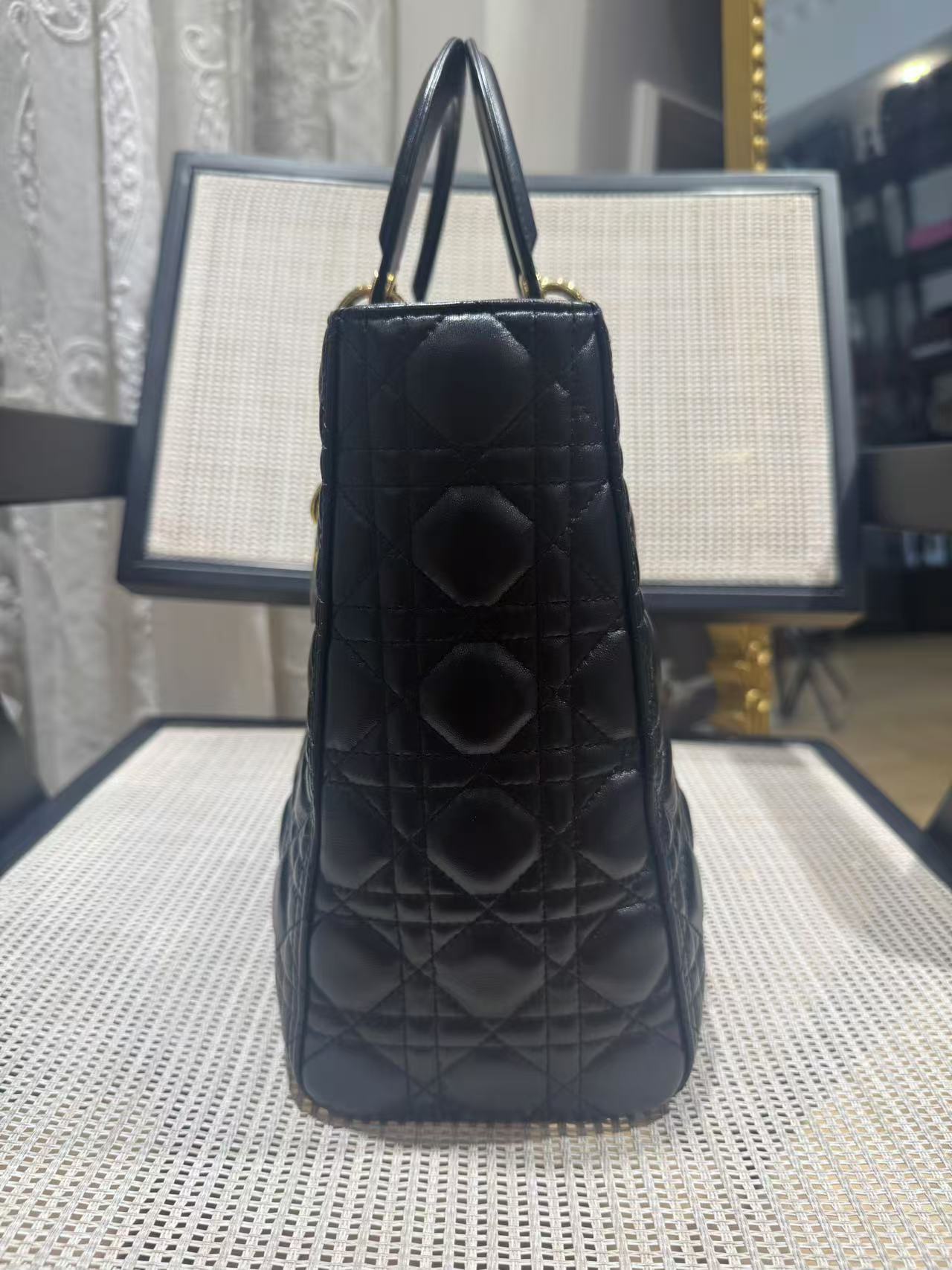 Pre-owned Certified Dior Large Lady Dior in Black Lambskin with Golden Hardware, 2014, w/ strap, dust bag