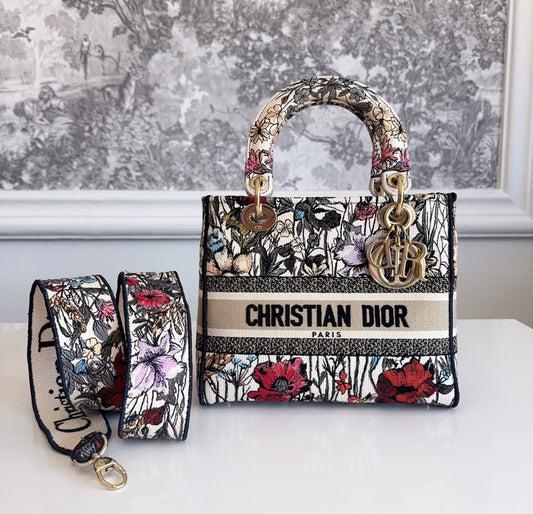 Pre-owned Certified Dior Medium Lady D-Lite Floral Embroidered Canvas, 2020, w/ dust bag, strap