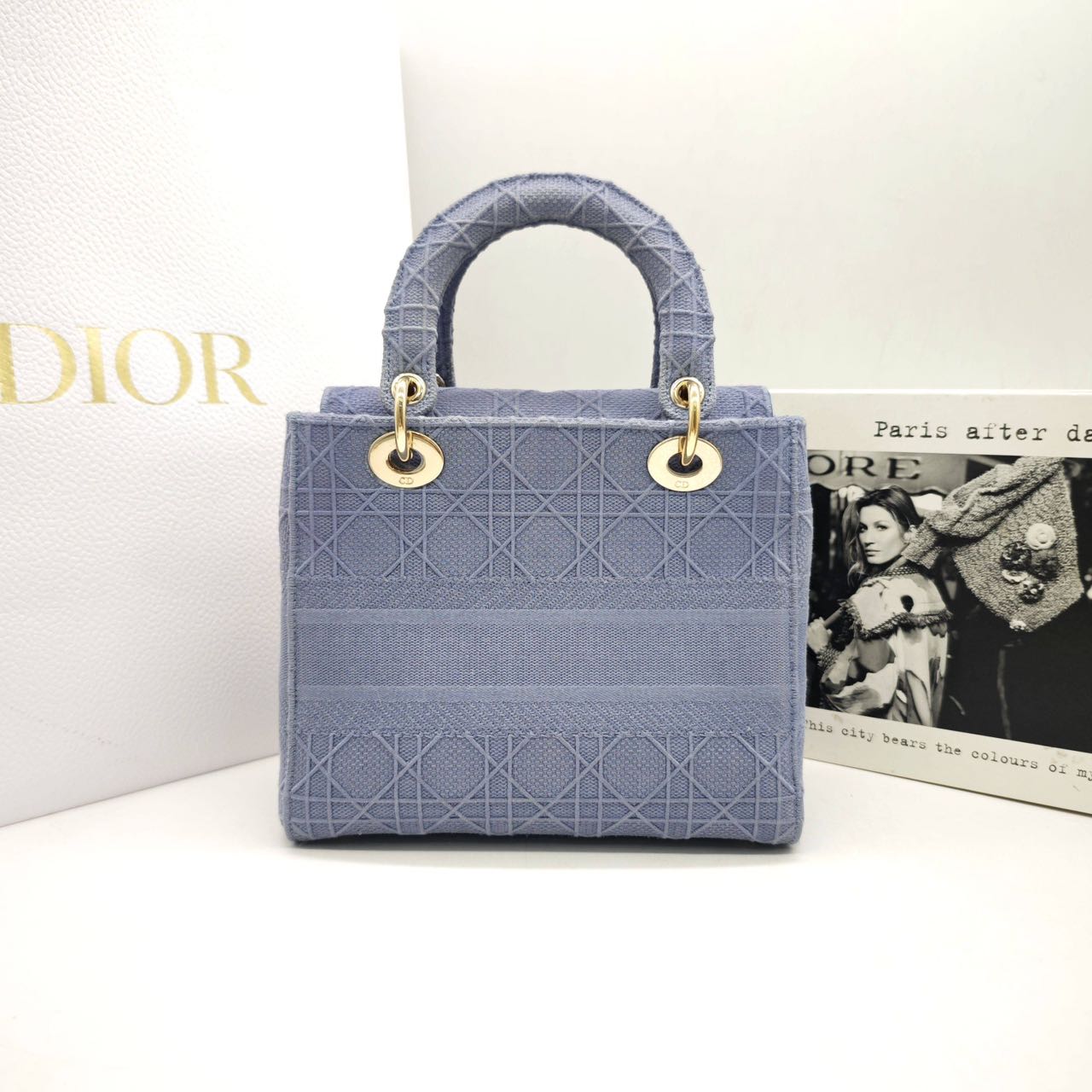 Pre-owned Certified Dior Medium Lady Dior in Blue Canvas with Golden Hardware, 2020, w/ dust bag, strap
