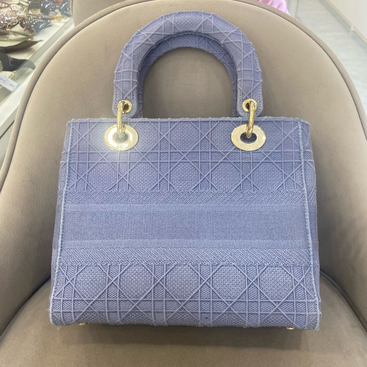 Pre-owned Certified Dior Medium Lady Dior in Blue Canvas with Golden Hardware, 2020, w/ dust bag, strap