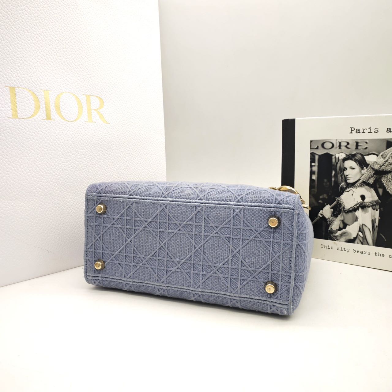 Pre-owned Certified Dior Medium Lady Dior in Blue Canvas with Golden Hardware, 2020, w/ dust bag, strap