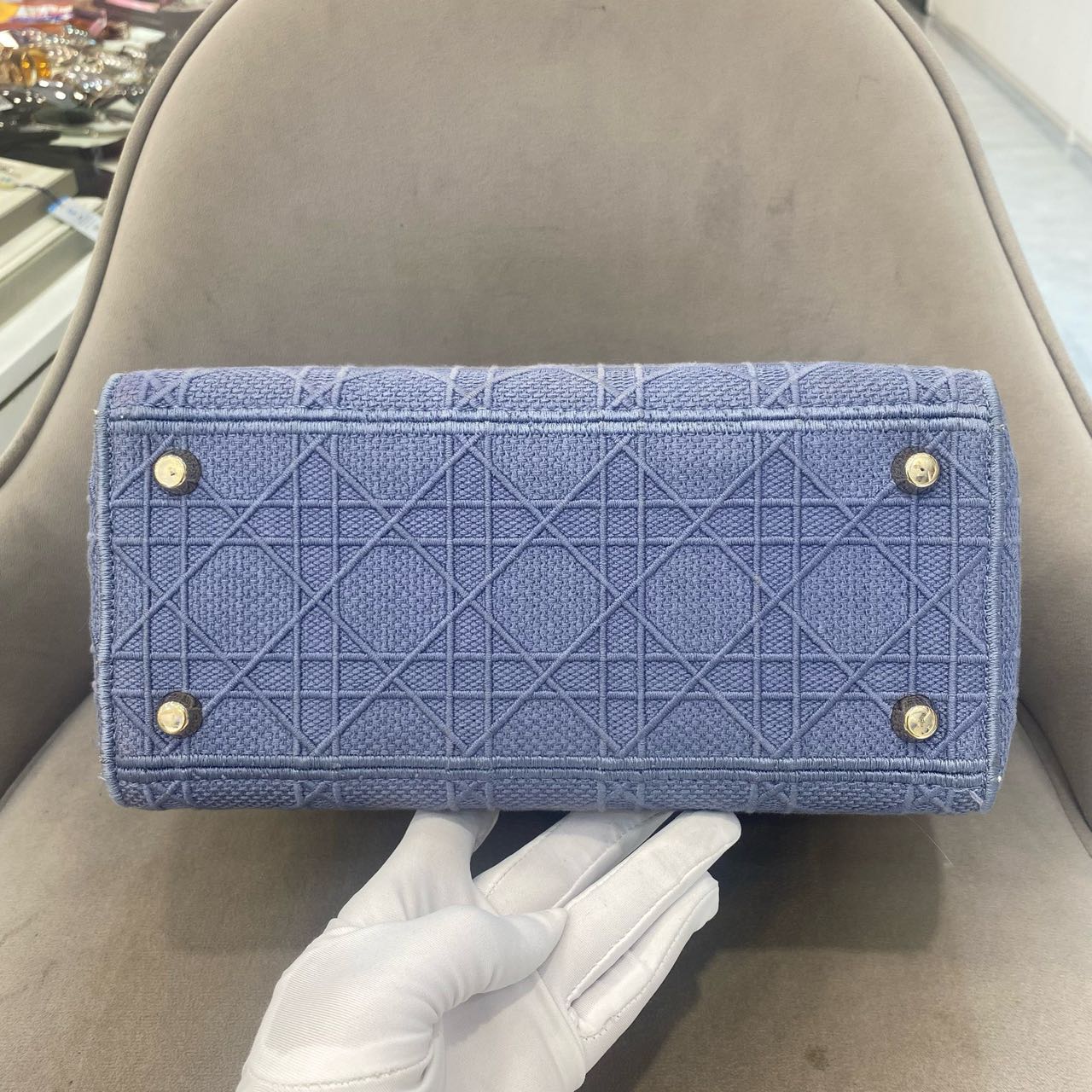Pre-owned Certified Dior Medium Lady Dior in Blue Canvas with Golden Hardware, 2020, w/ dust bag, strap