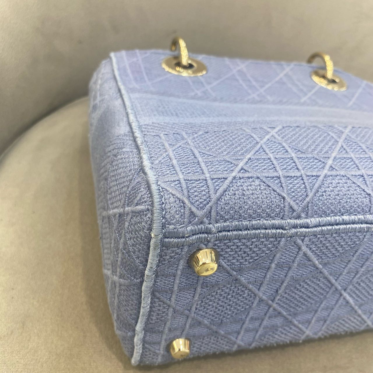 Pre-owned Certified Dior Medium Lady Dior in Blue Canvas with Golden Hardware, 2020, w/ dust bag, strap