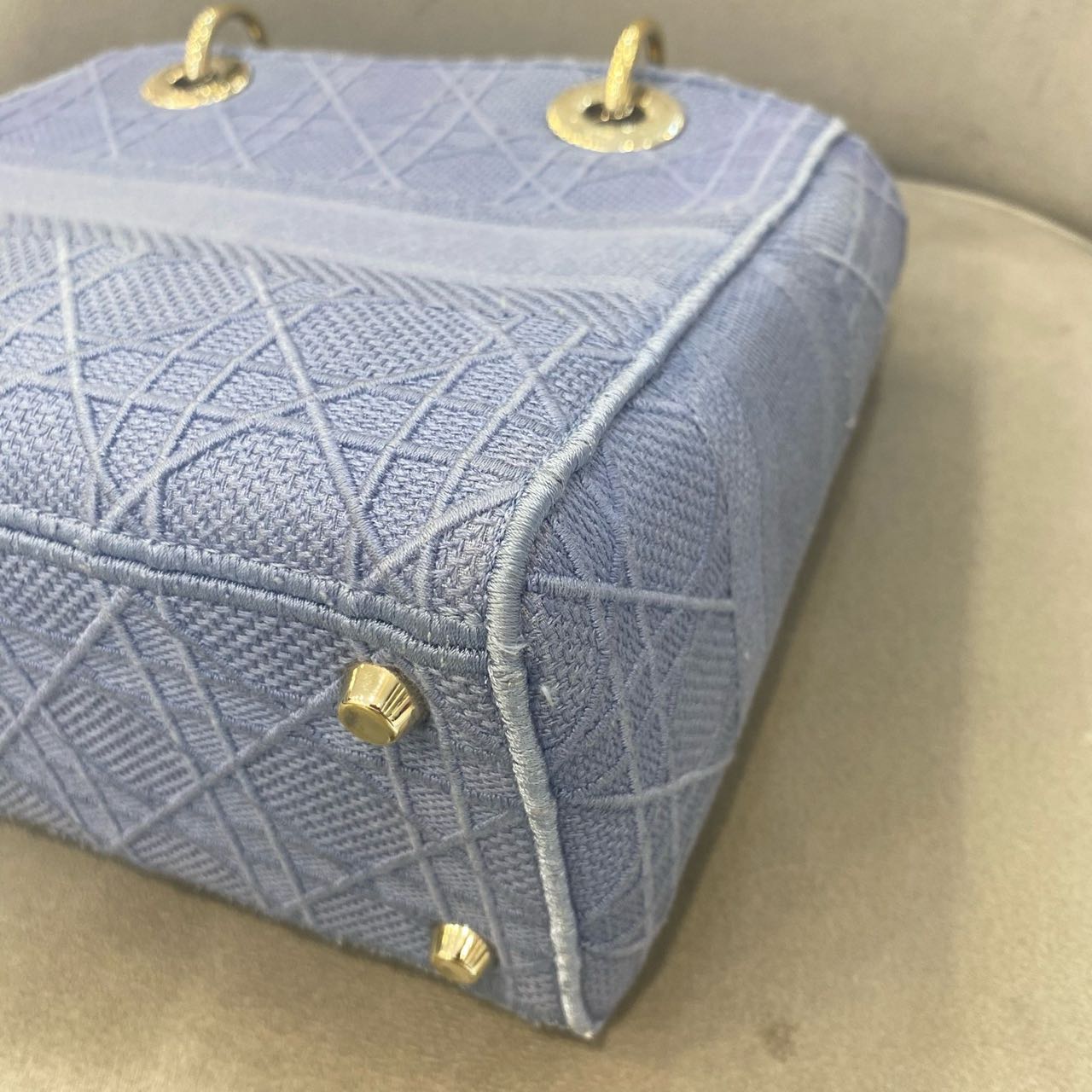 Pre-owned Certified Dior Medium Lady Dior in Blue Canvas with Golden Hardware, 2020, w/ dust bag, strap