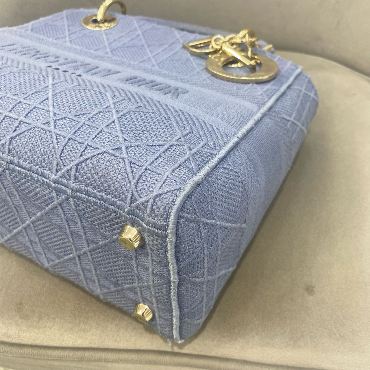 Pre-owned Certified Dior Medium Lady Dior in Blue Canvas with Golden Hardware, 2020, w/ dust bag, strap