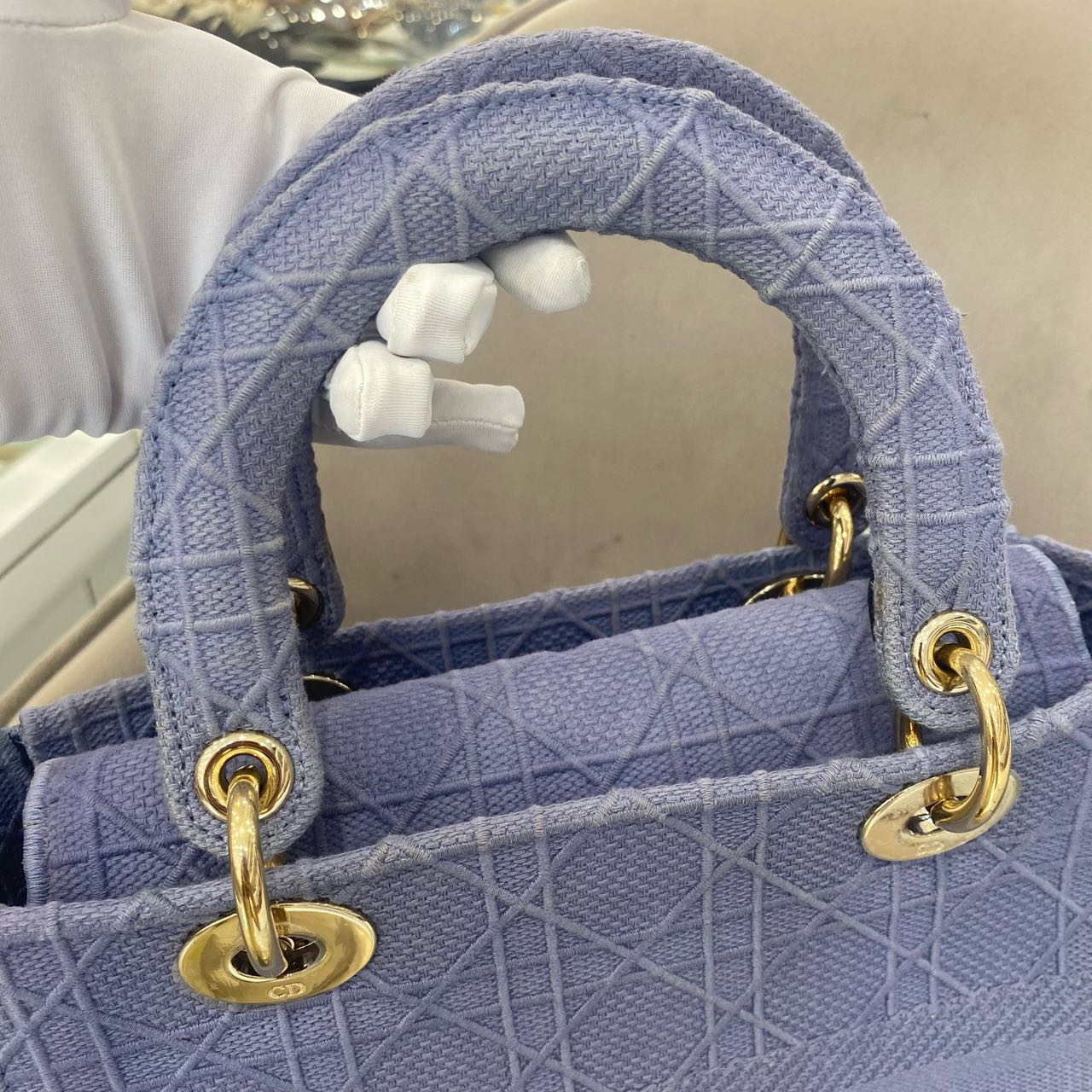 Pre-owned Certified Dior Medium Lady Dior in Blue Canvas with Golden Hardware, 2020, w/ dust bag, strap