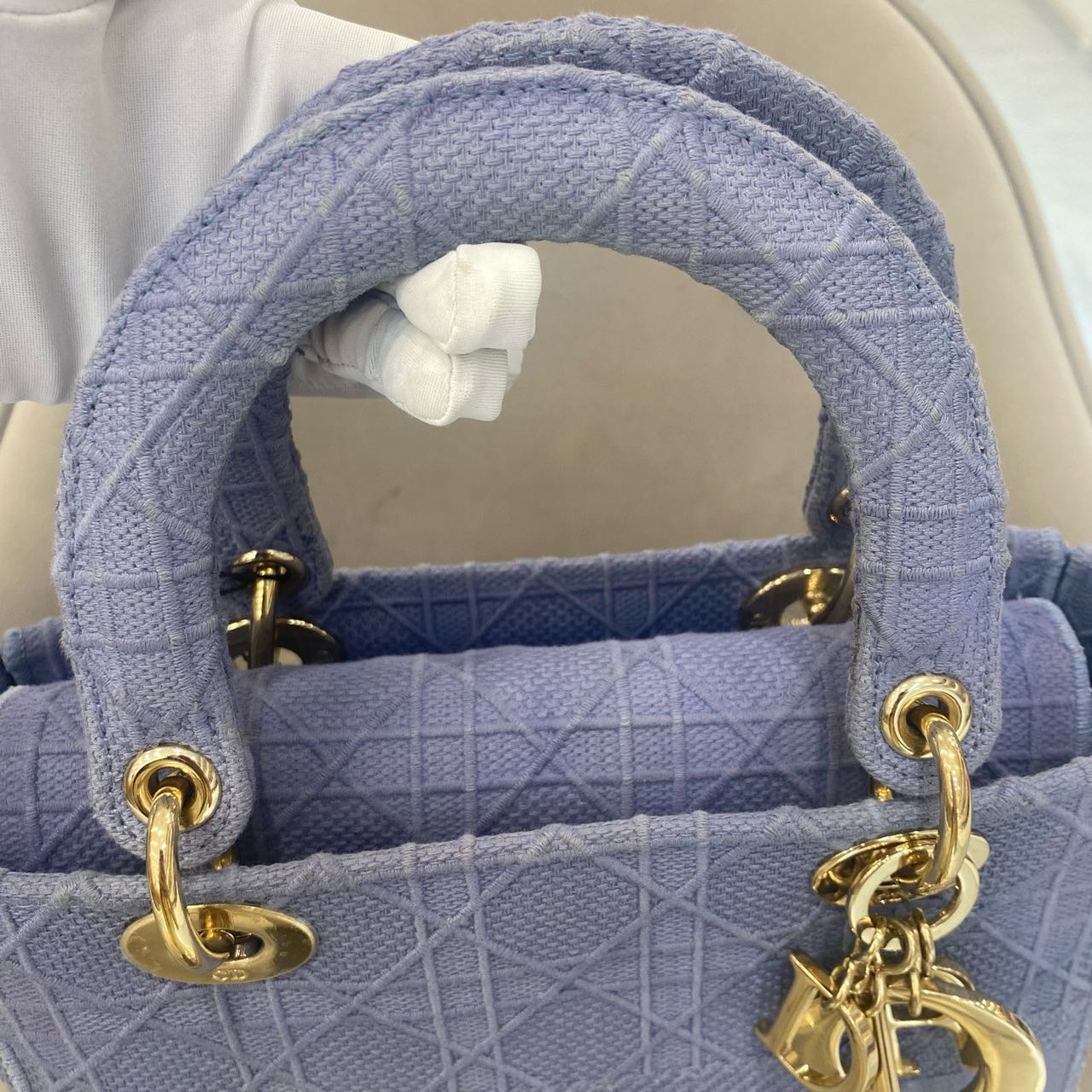 Pre-owned Certified Dior Medium Lady Dior in Blue Canvas with Golden Hardware, 2020, w/ dust bag, strap