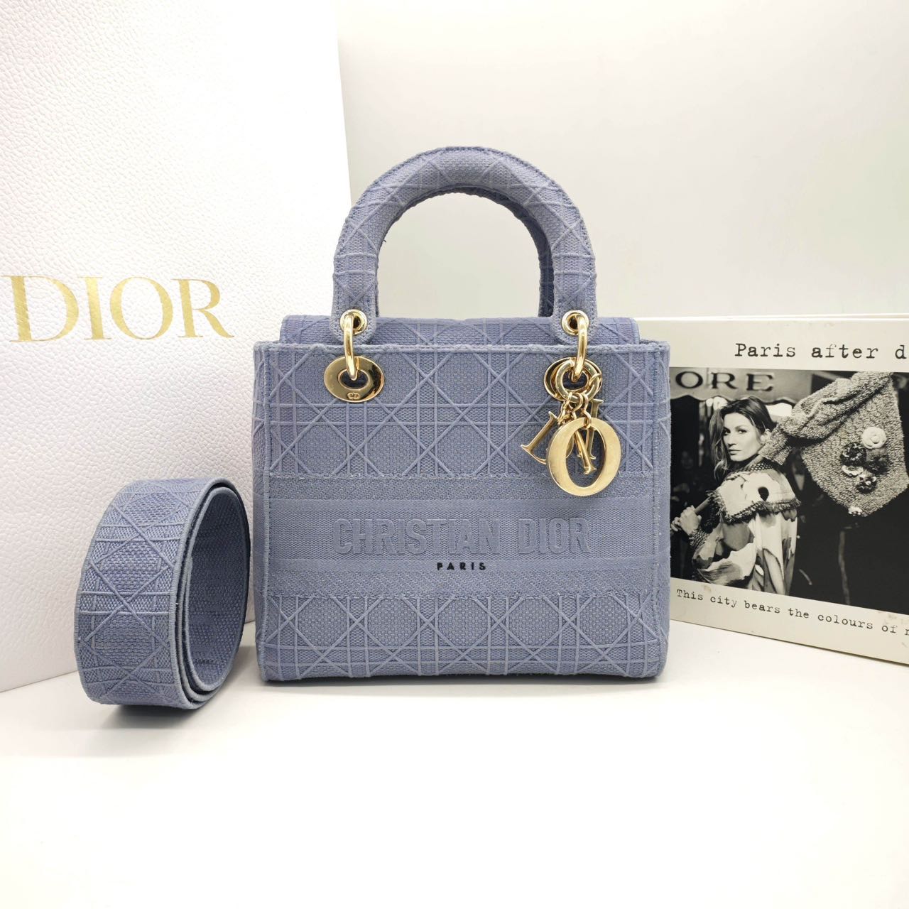 Pre-owned Certified Dior Medium Lady Dior in Blue Canvas with Golden Hardware, 2020, w/ dust bag, strap