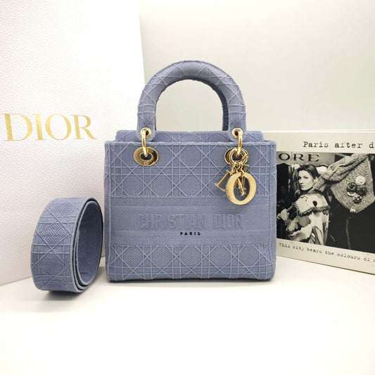 Pre-owned Certified Dior Medium Lady Dior in Blue Canvas with Golden Hardware, 2020, w/ dust bag, strap