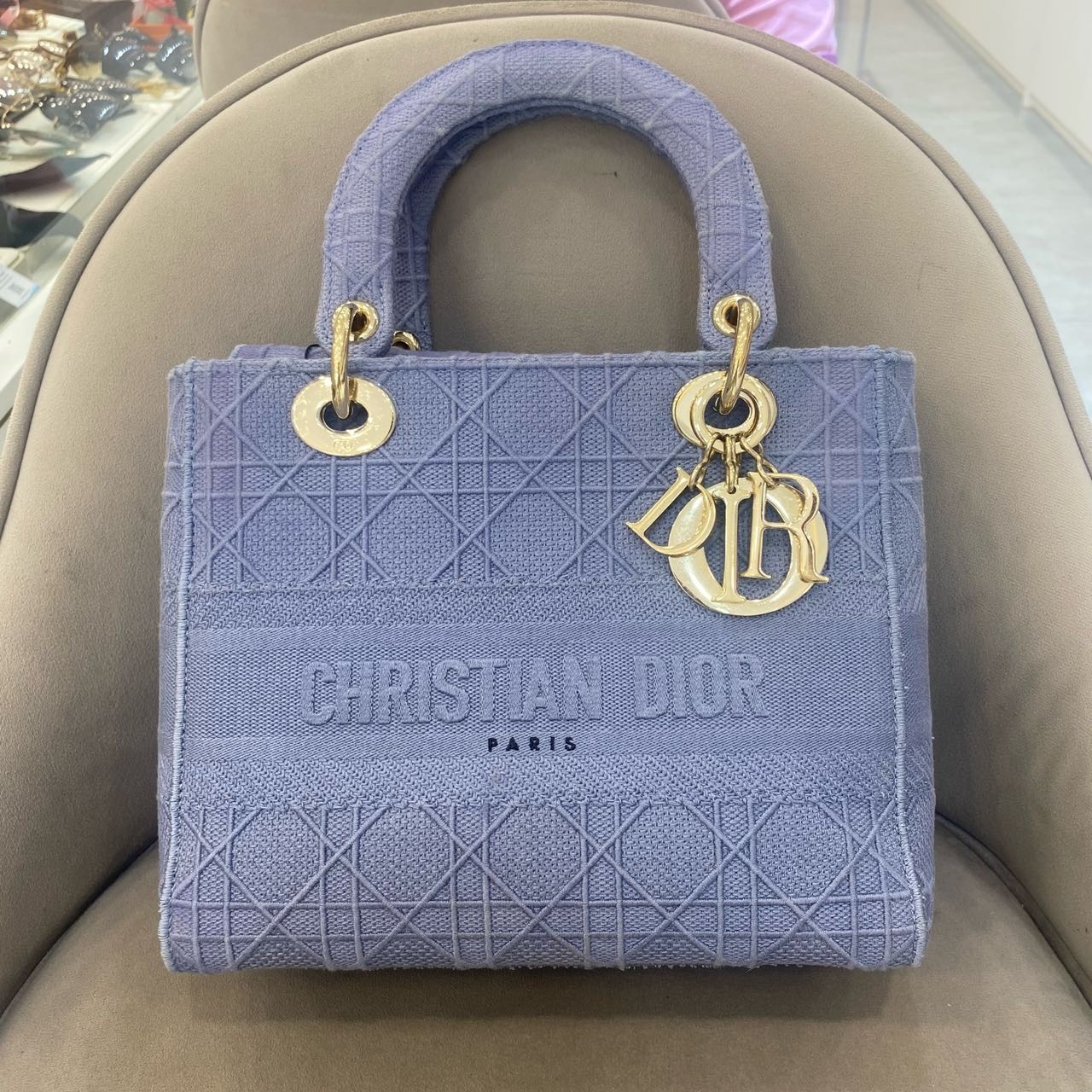 Pre-owned Certified Dior Medium Lady Dior in Blue Canvas with Golden Hardware, 2020, w/ dust bag, strap