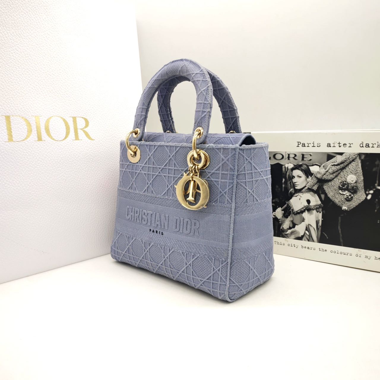Pre-owned Certified Dior Medium Lady Dior in Blue Canvas with Golden Hardware, 2020, w/ dust bag, strap