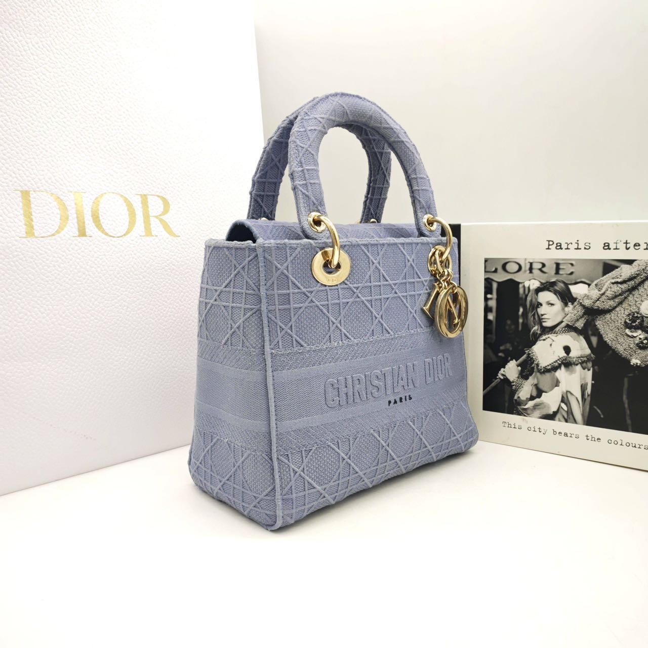 Pre-owned Certified Dior Medium Lady Dior in Blue Canvas with Golden Hardware, 2020, w/ dust bag, strap