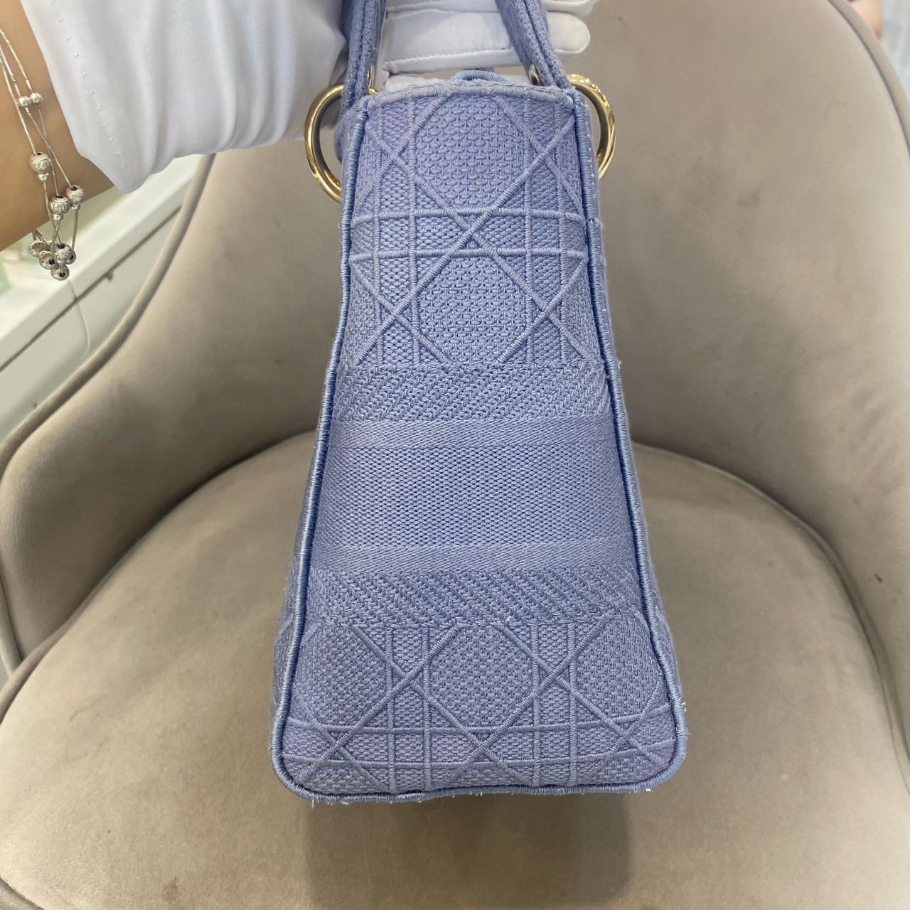 Pre-owned Certified Dior Medium Lady Dior in Blue Canvas with Golden Hardware, 2020, w/ dust bag, strap