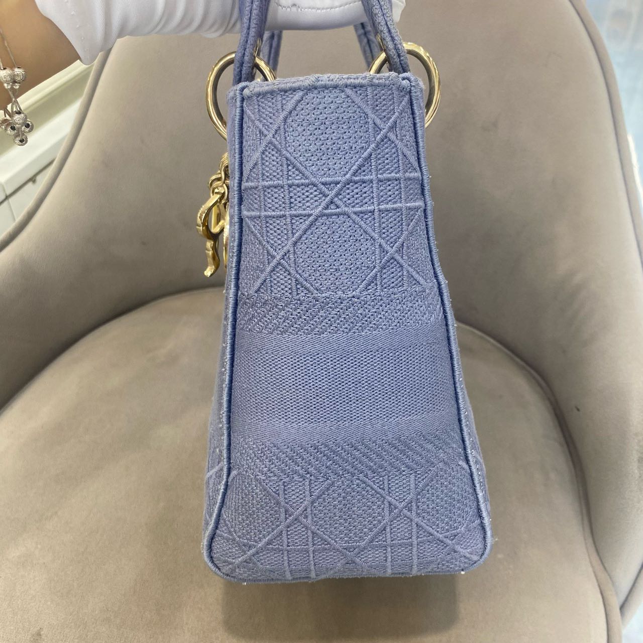 Pre-owned Certified Dior Medium Lady Dior in Blue Canvas with Golden Hardware, 2020, w/ dust bag, strap