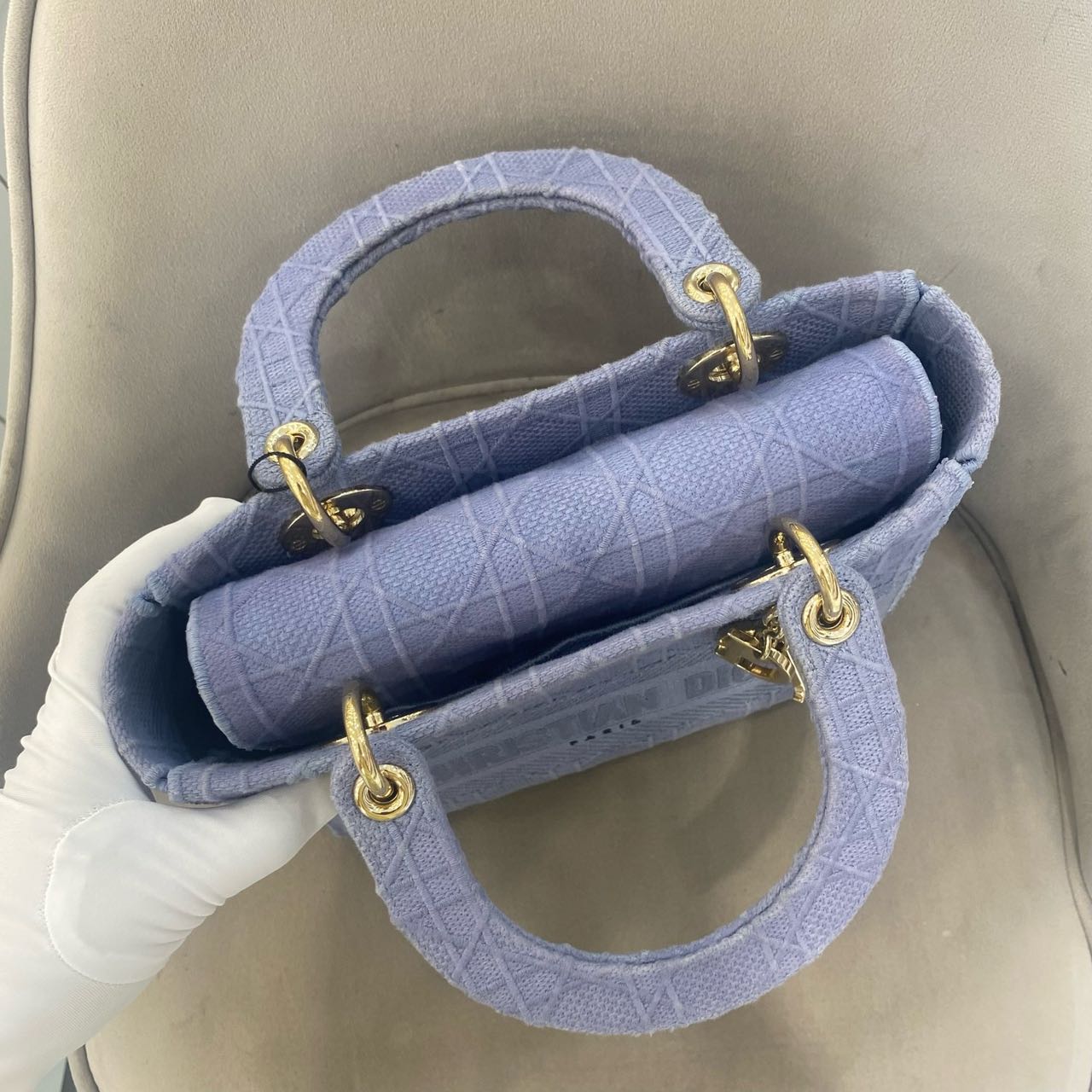 Pre-owned Certified Dior Medium Lady Dior in Blue Canvas with Golden Hardware, 2020, w/ dust bag, strap