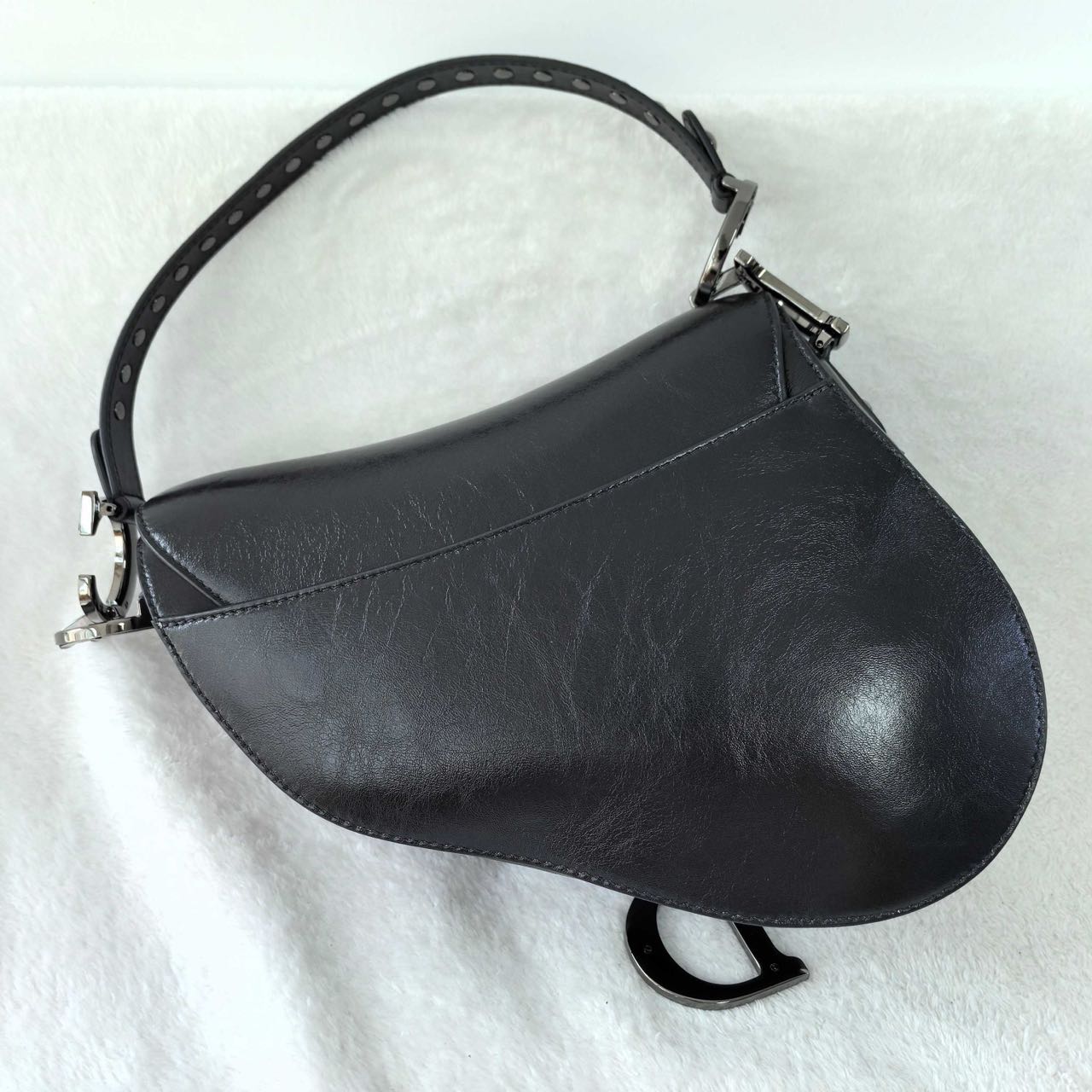 Pre-owned Certified Dior Medium Saddle in Black Crinkled Calfskin with Silver Hardware, 2022, w/ dust bag