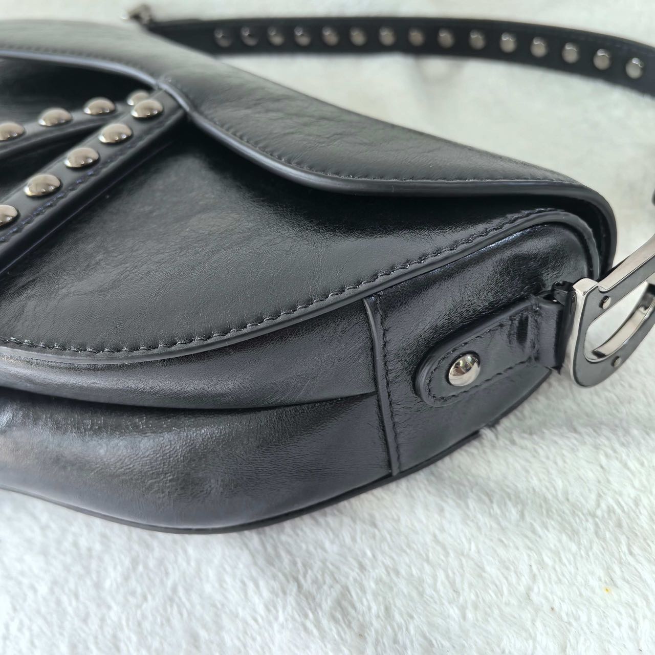 Pre-owned Certified Dior Medium Saddle in Black Crinkled Calfskin with Silver Hardware, 2022, w/ dust bag