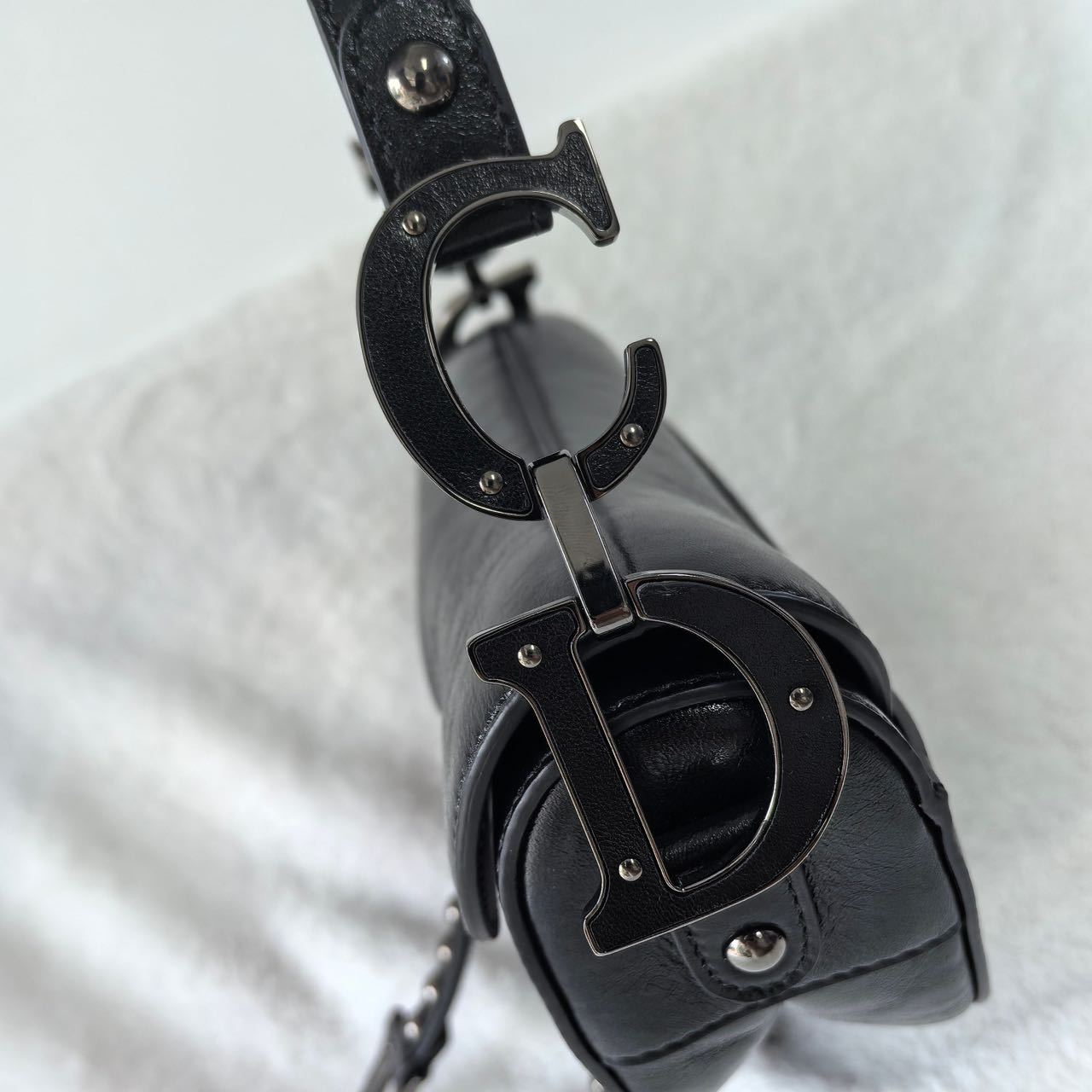 Pre-owned Certified Dior Medium Saddle in Black Crinkled Calfskin with Silver Hardware, 2022, w/ dust bag