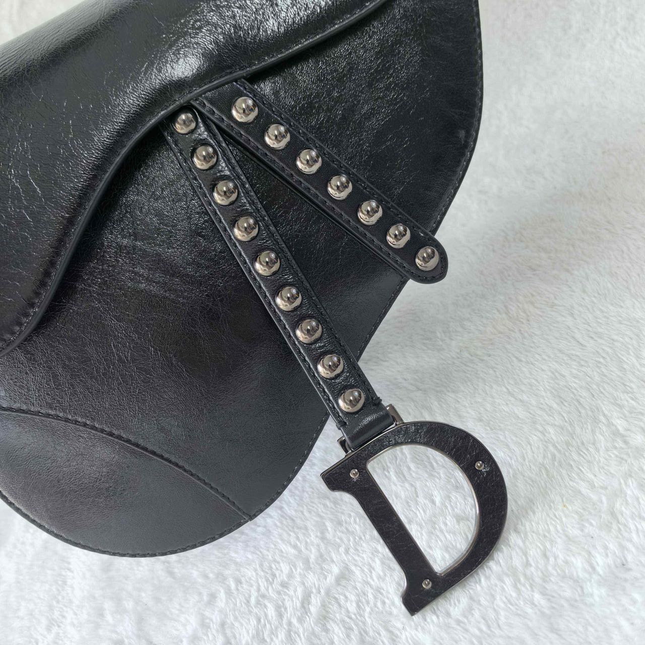Pre-owned Certified Dior Medium Saddle in Black Crinkled Calfskin with Silver Hardware, 2022, w/ dust bag