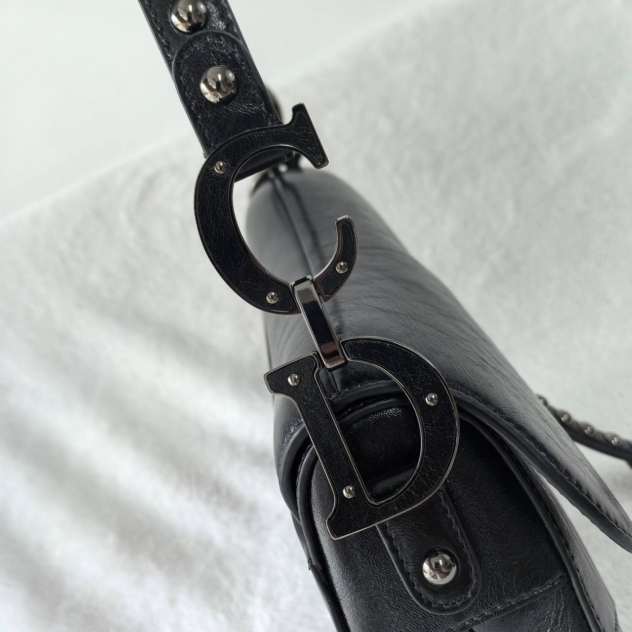Pre-owned Certified Dior Medium Saddle in Black Crinkled Calfskin with Silver Hardware, 2022, w/ dust bag