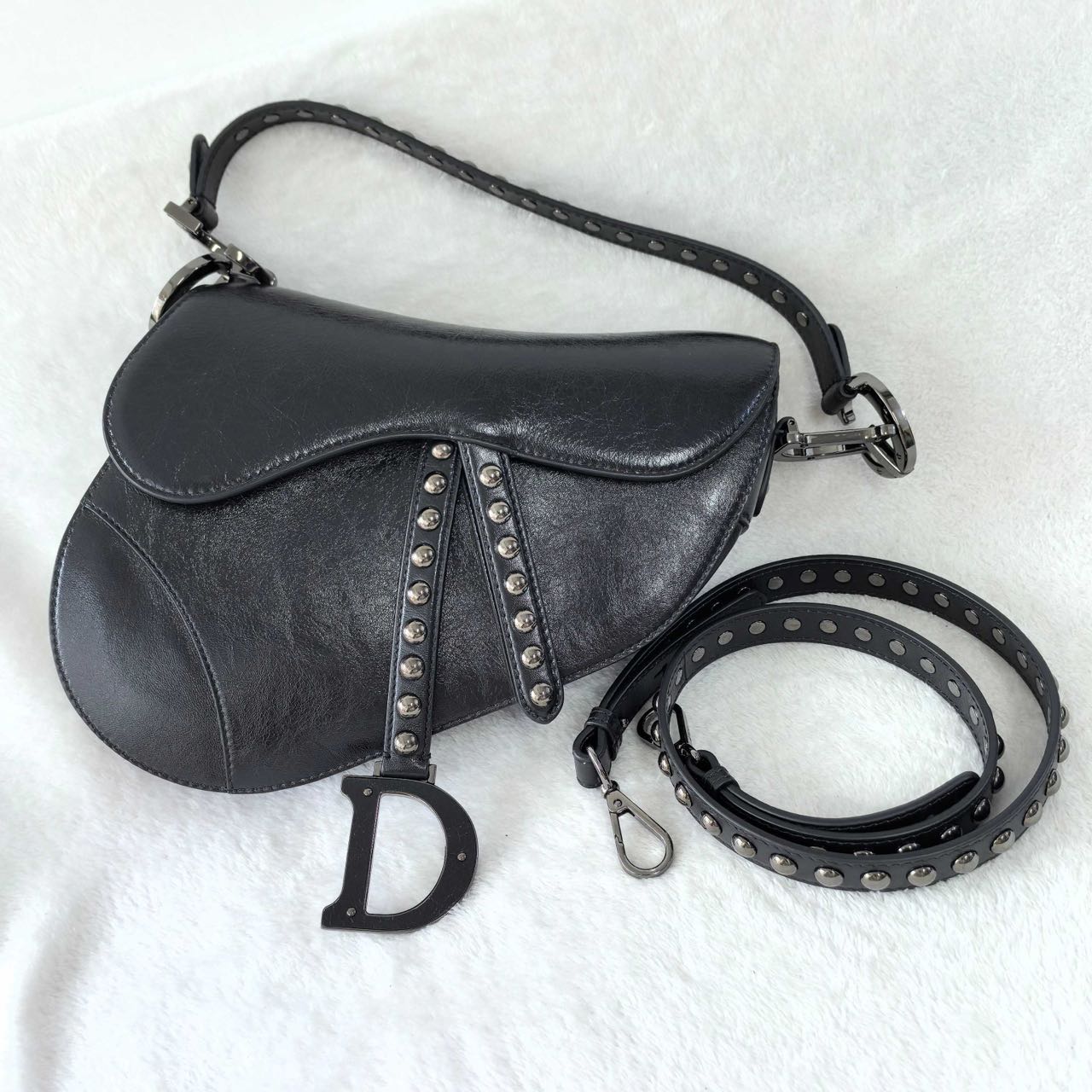 Pre-owned Certified Dior Medium Saddle in Black Crinkled Calfskin with Silver Hardware, 2022, w/ dust bag