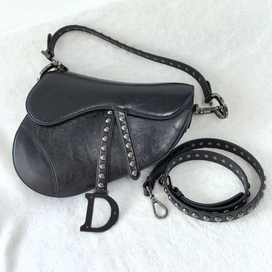 Pre-owned Certified Dior Medium Saddle in Black Crinkled Calfskin with Silver Hardware, 2022, w/ dust bag