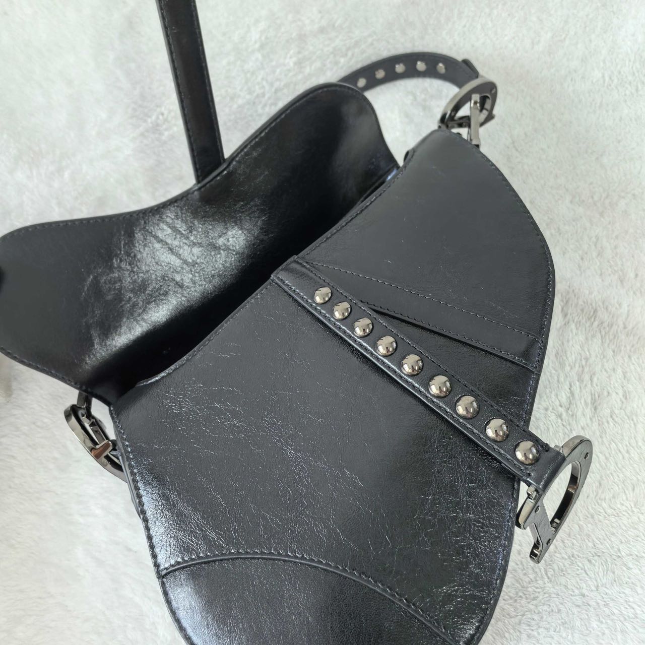 Pre-owned Certified Dior Medium Saddle in Black Crinkled Calfskin with Silver Hardware, 2022, w/ dust bag