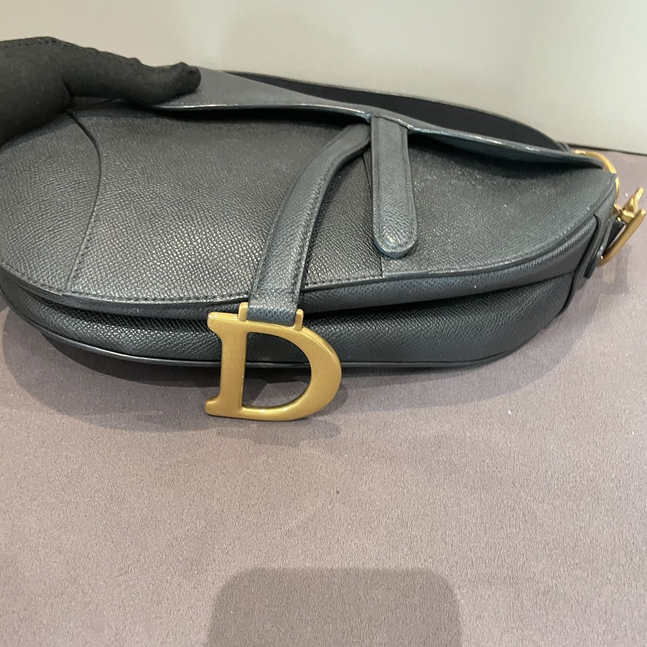 Pre-owned Certified Dior Medium Saddle in Black Grained Calfskin with Golden Hardware, w/dust bag