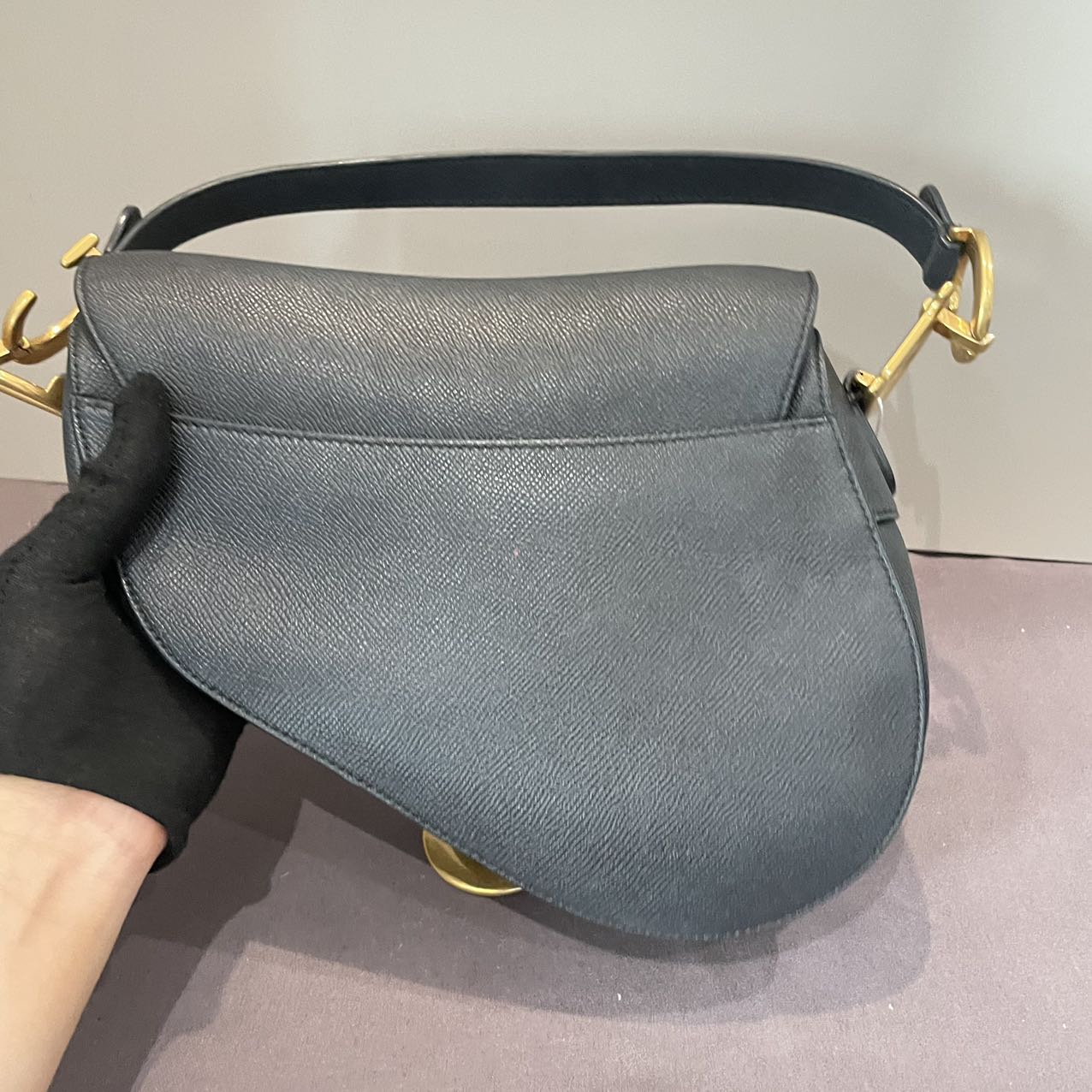 Pre-owned Certified Dior Medium Saddle in Black Grained Calfskin with Golden Hardware, w/dust bag