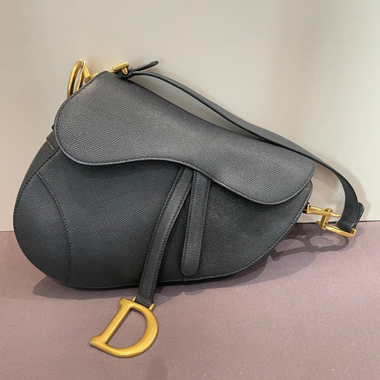 Pre-owned Certified Dior Medium Saddle in Black Grained Calfskin with Golden Hardware, w/dust bag